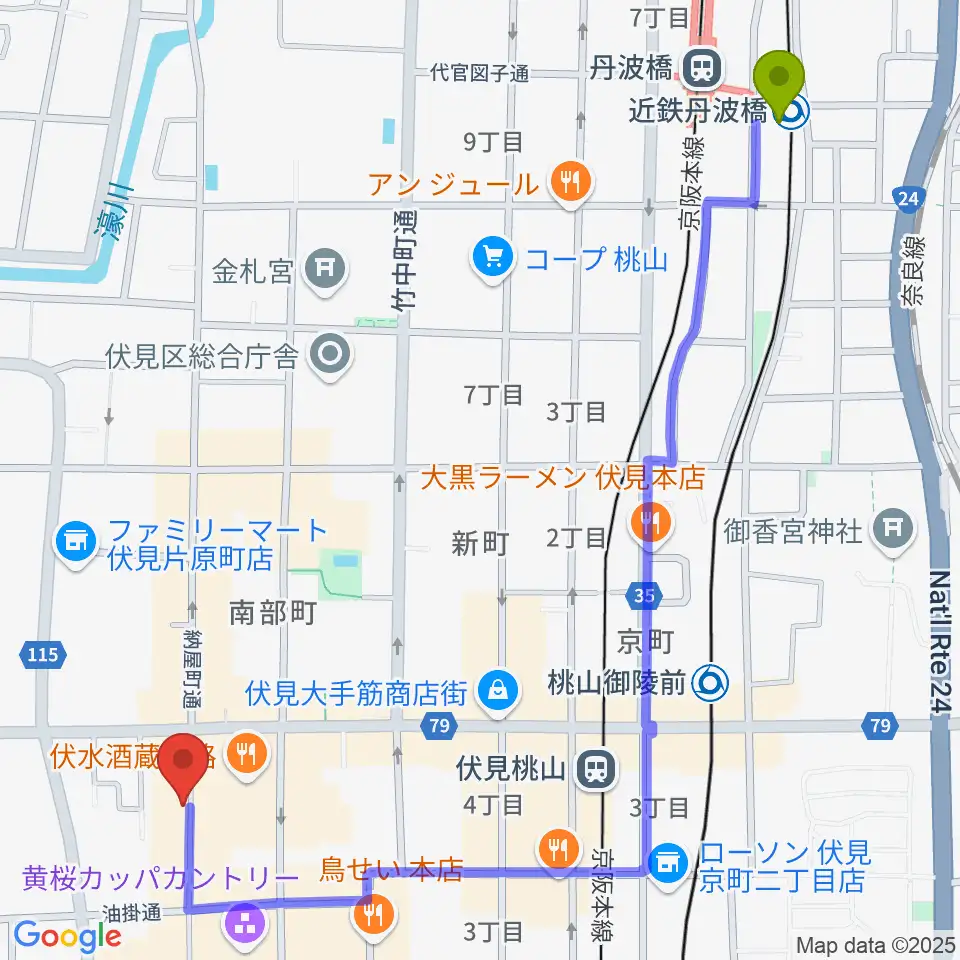 近鉄丹波橋駅からレミューズカフェへのルートマップ地図