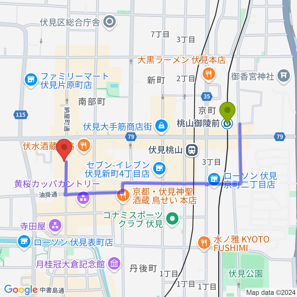 レミューズカフェの最寄駅桃山御陵前駅からの徒歩ルート（約9分）地図