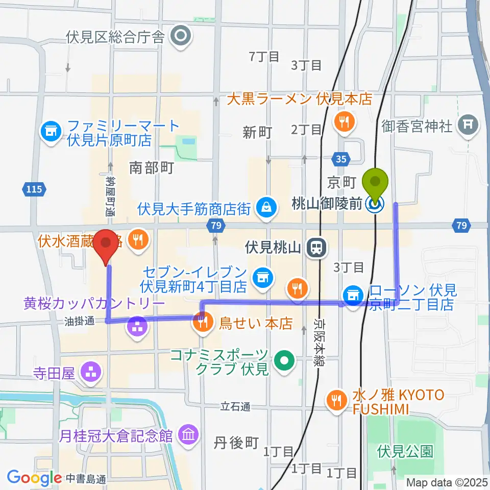 レミューズカフェの最寄駅桃山御陵前駅からの徒歩ルート（約9分）地図