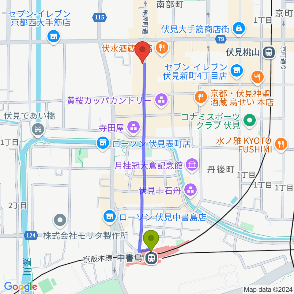 中書島駅からレミューズカフェへのルートマップ地図