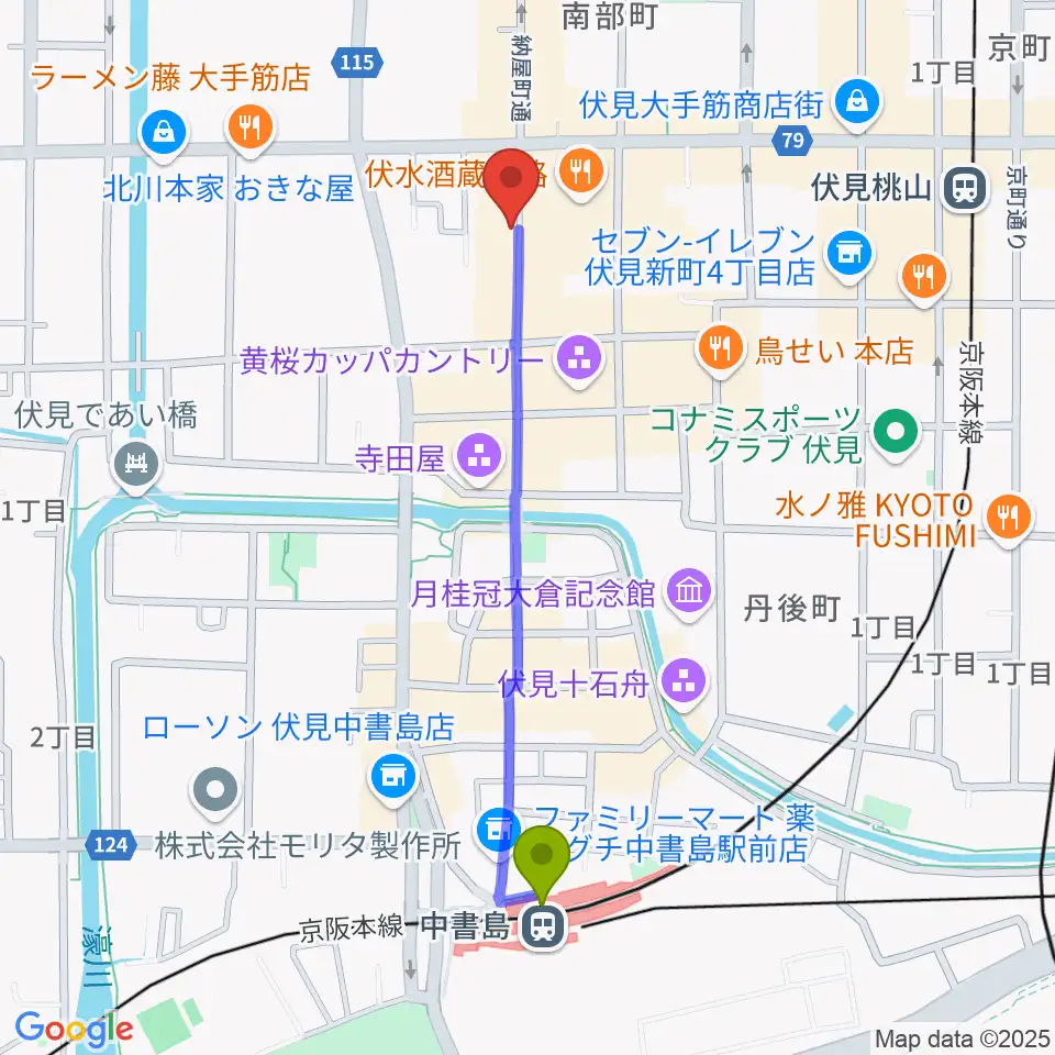 中書島駅からレミューズカフェへのルートマップ地図