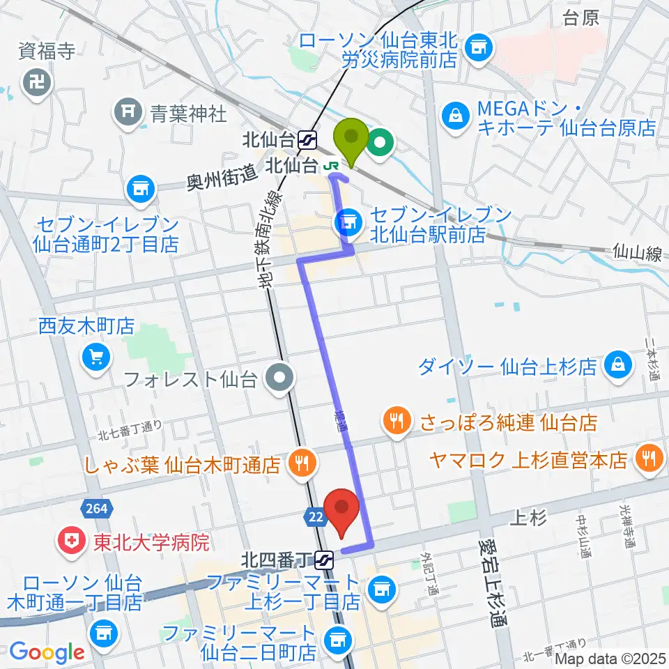 北仙台駅から仙台センター ヤマハミュージックへのルートマップ地図