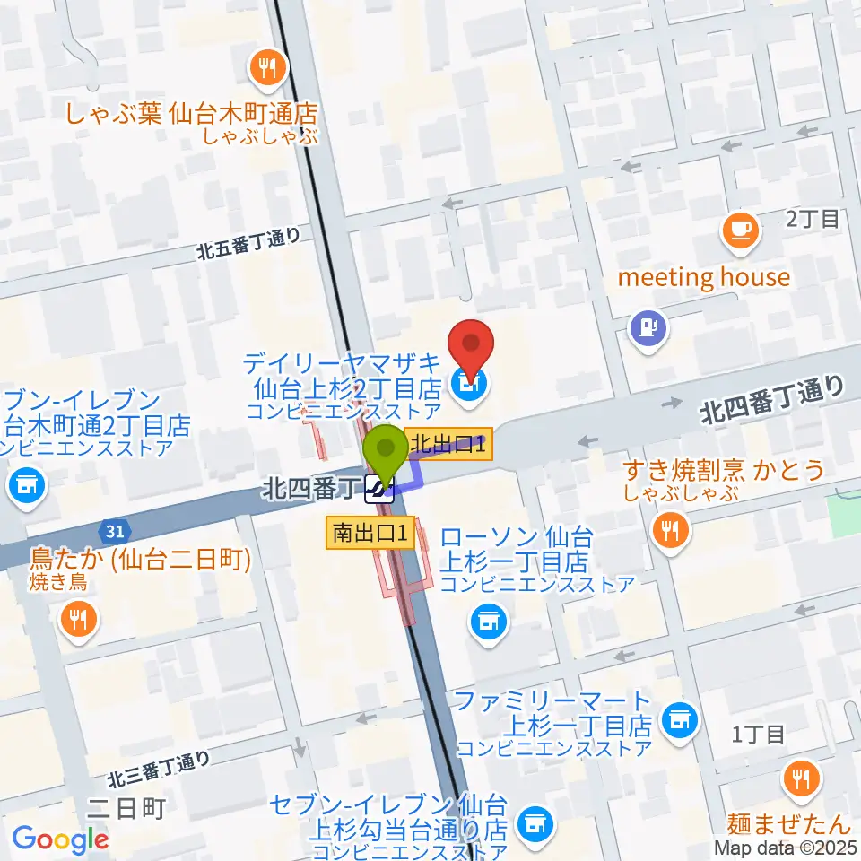 仙台センター ヤマハミュージックの最寄駅北四番丁駅からの徒歩ルート（約1分）地図