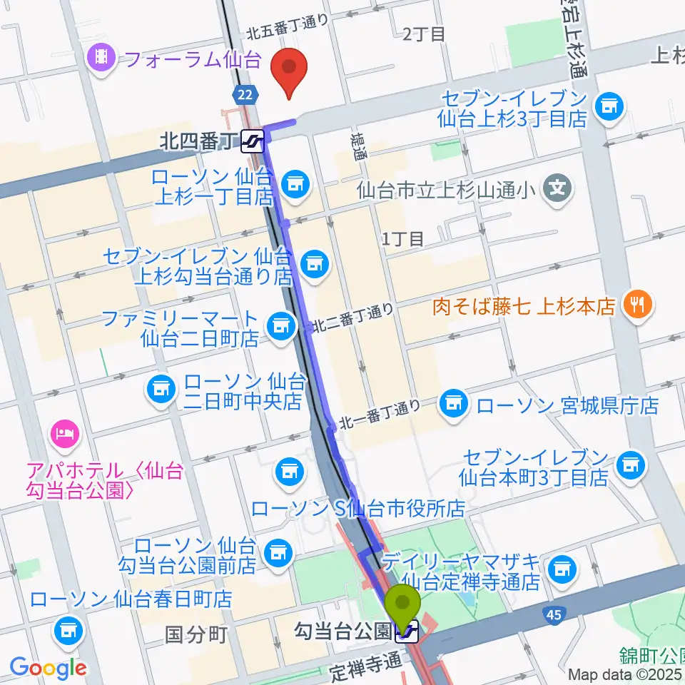 勾当台公園駅から仙台センター ヤマハミュージックへのルートマップ地図