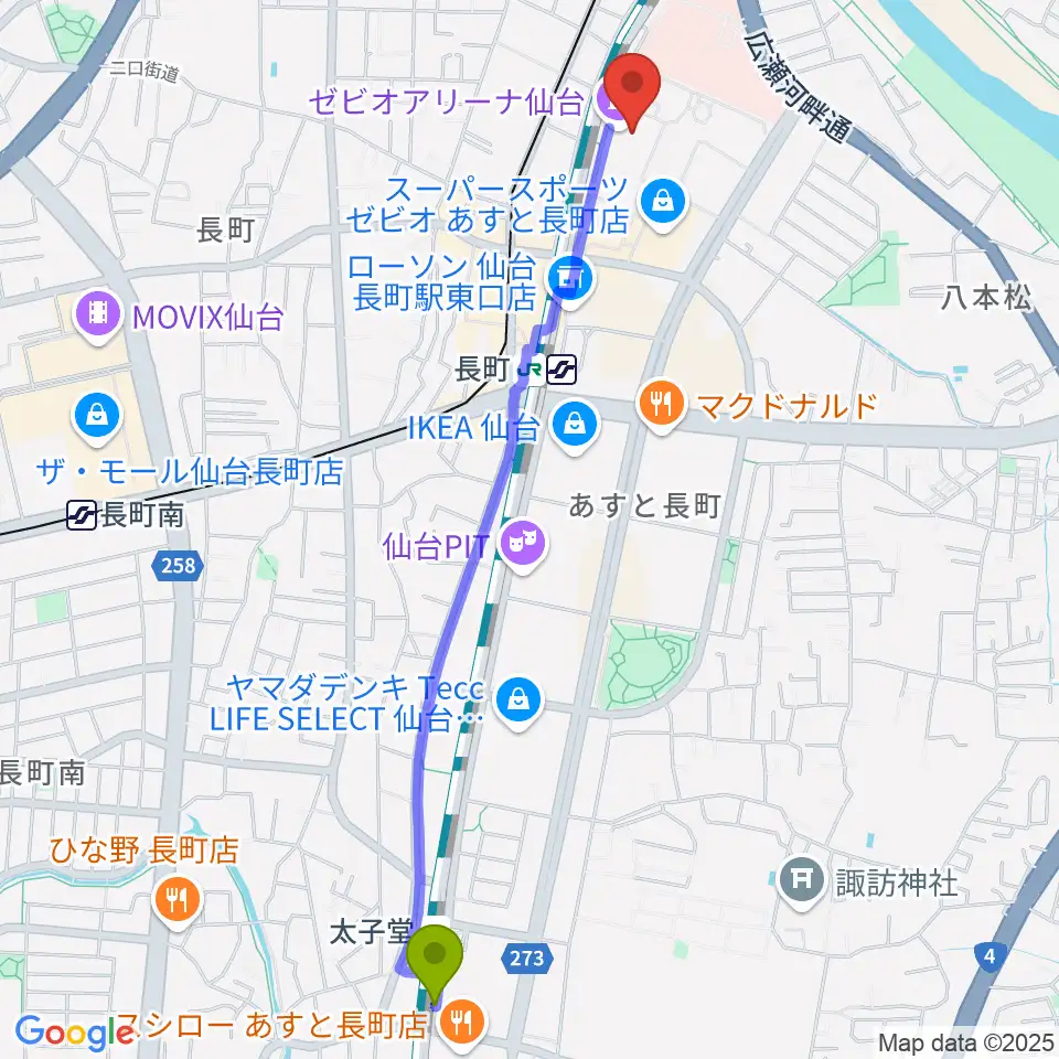 太子堂駅から長町センター ヤマハミュージックへのルートマップ地図