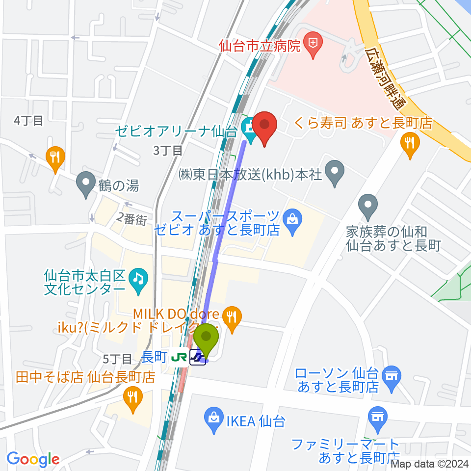 長町駅から長町センター ヤマハミュージックへのルートマップ地図