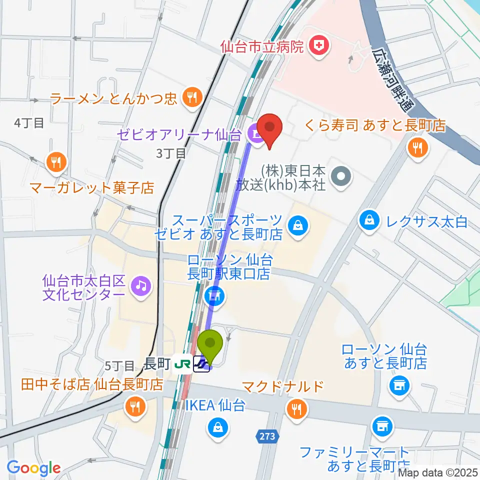 長町駅から長町センター ヤマハミュージックへのルートマップ地図