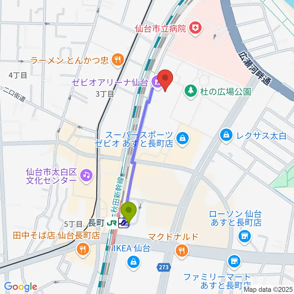 長町駅から長町センター ヤマハミュージックへのルートマップ地図