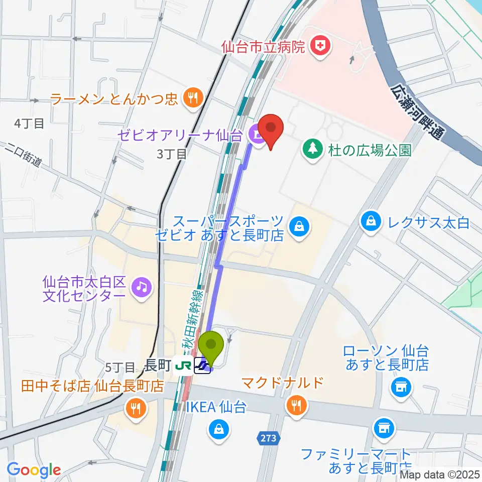 長町駅から長町センター ヤマハミュージックへのルートマップ地図