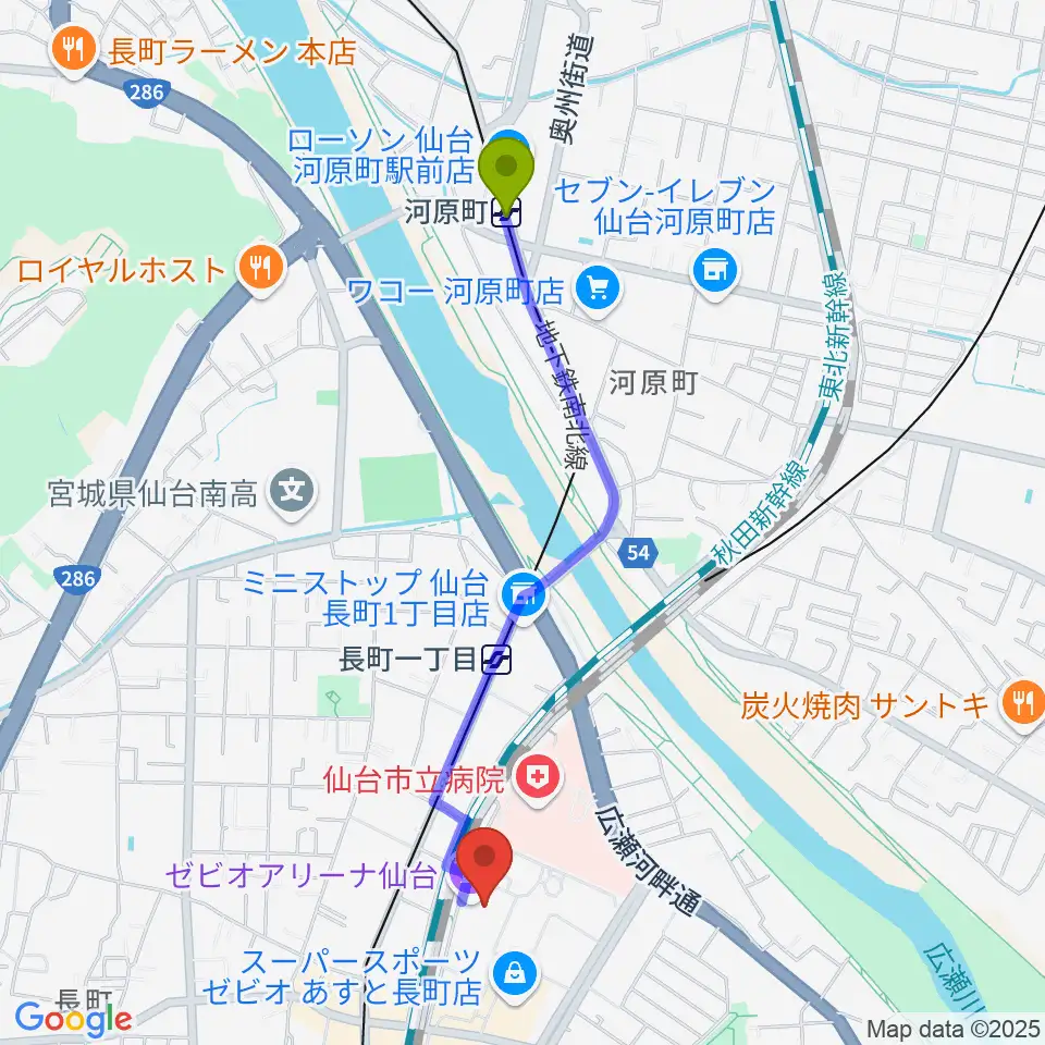 河原町駅から長町センター ヤマハミュージックへのルートマップ地図