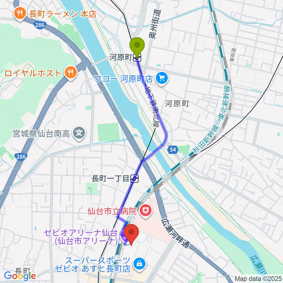 河原町駅から長町センター ヤマハミュージックへのルートマップ地図