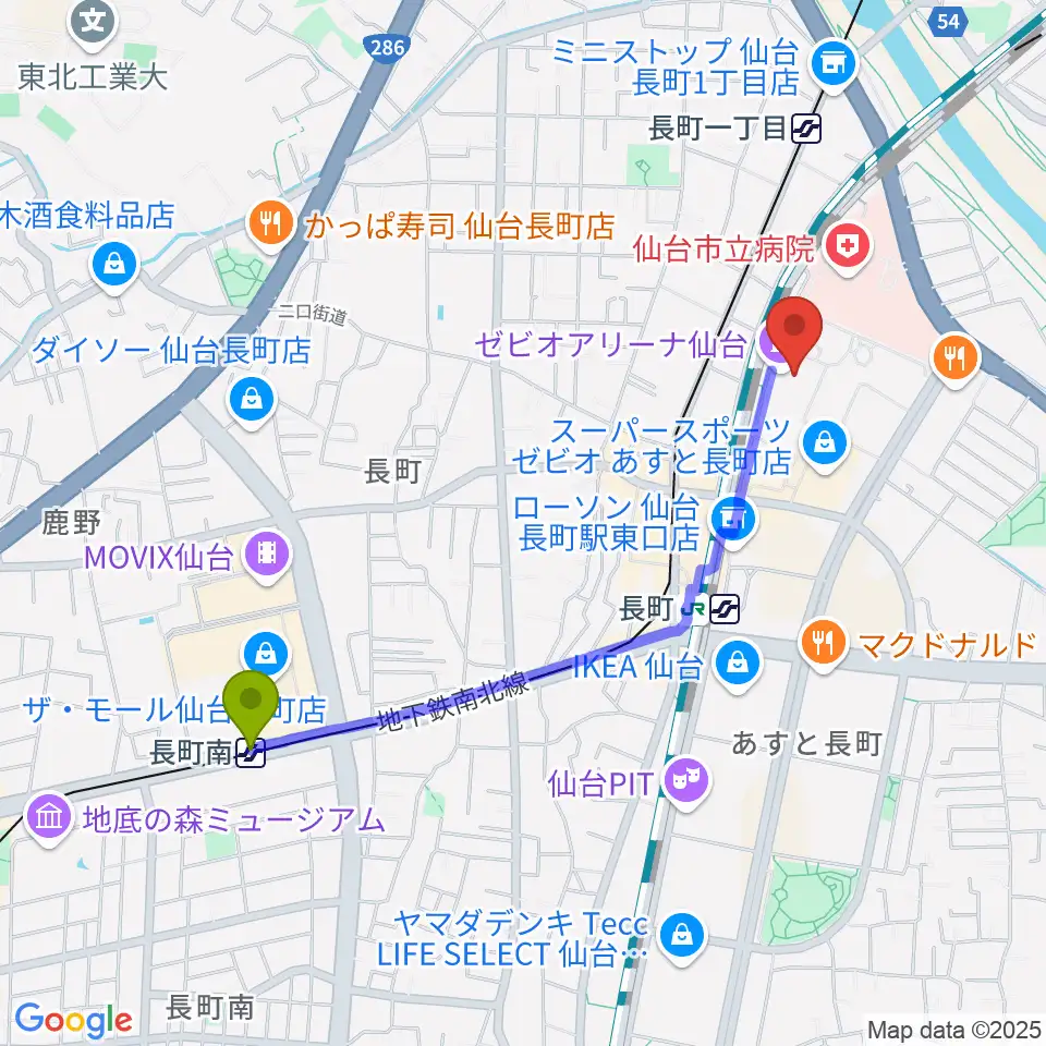 長町南駅から長町センター ヤマハミュージックへのルートマップ地図