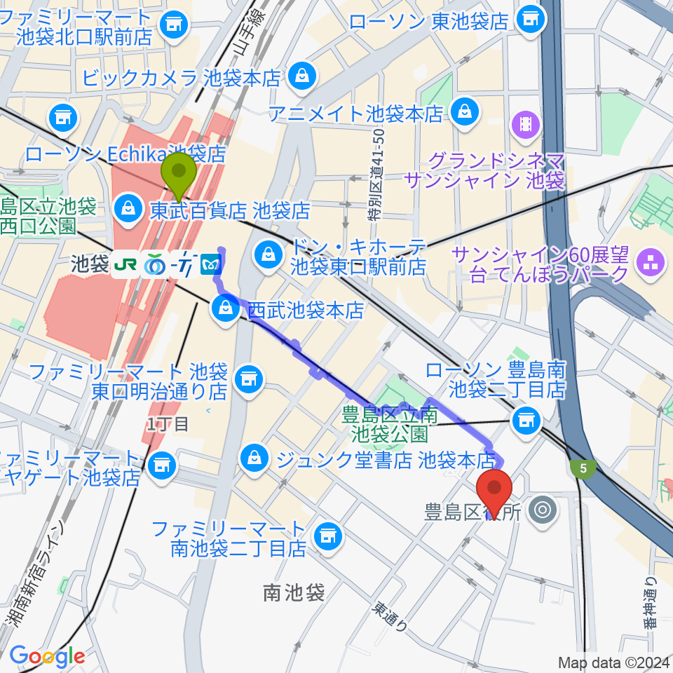 池袋駅からウインズミュージックスクールへのルートマップ地図