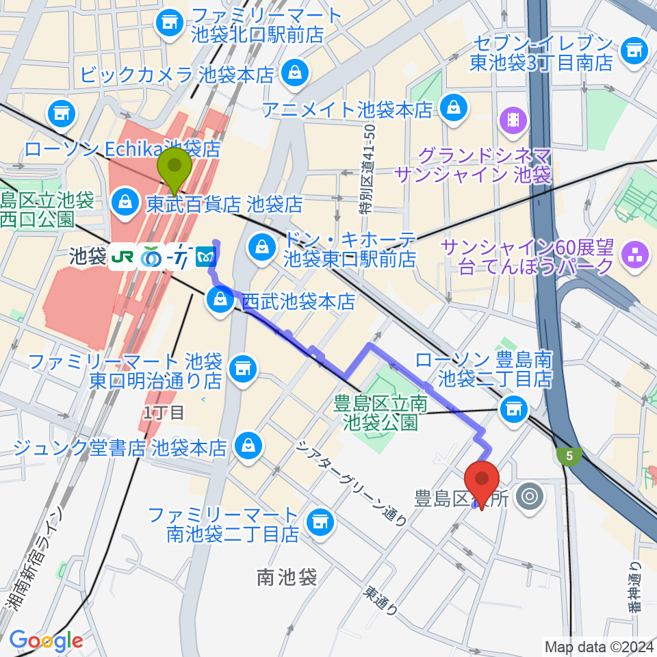 池袋駅からウインズミュージックスクールへのルートマップ地図