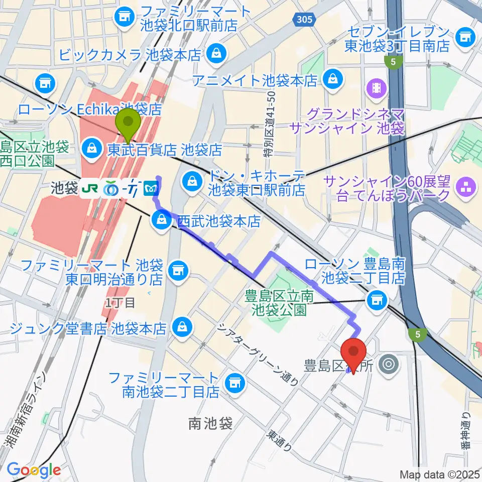 池袋駅からウインズミュージックスクールへのルートマップ地図