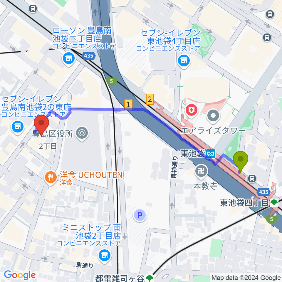 東池袋駅からウインズミュージックスクールへのルートマップ地図