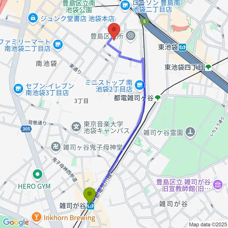 雑司が谷駅からウインズミュージックスクールへのルートマップ地図