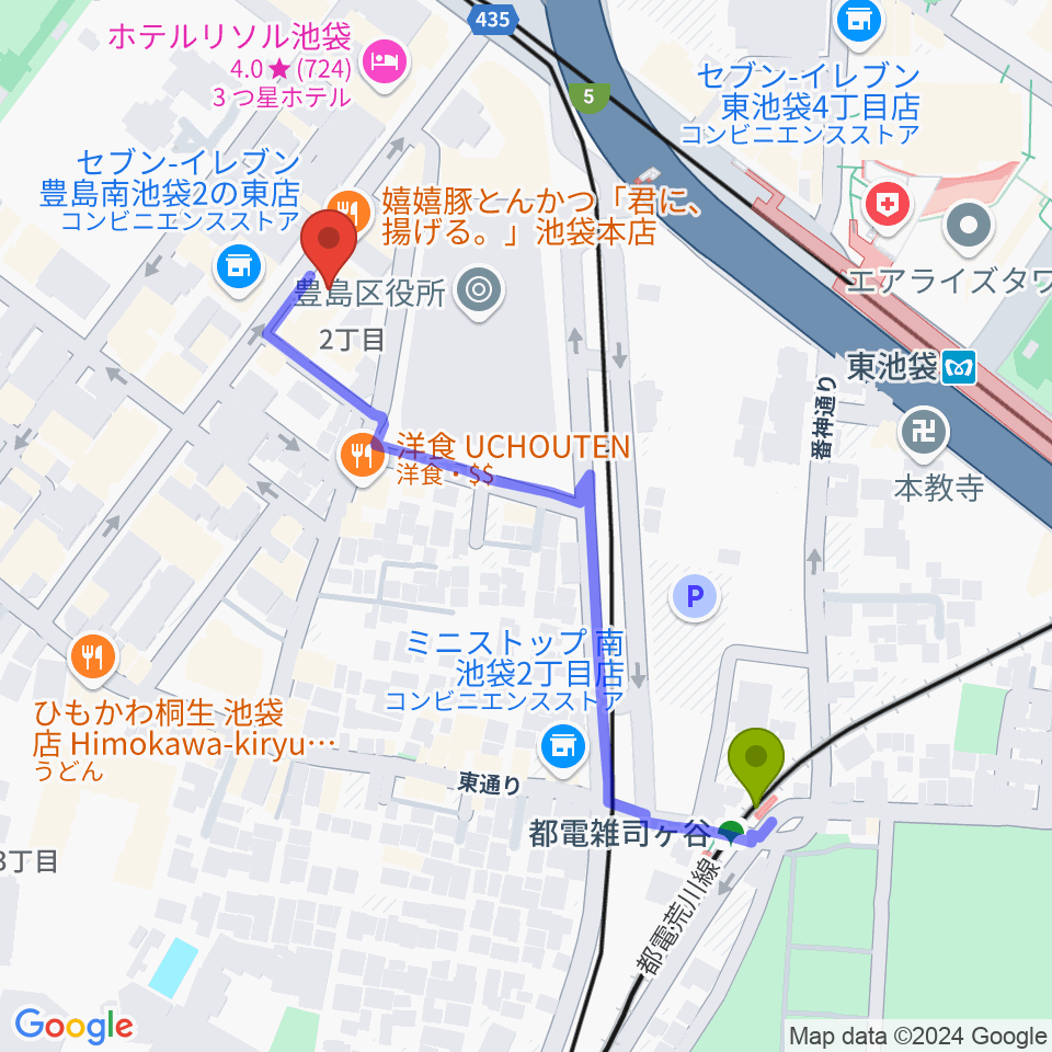 ウインズミュージックスクールの最寄駅都電雑司ヶ谷駅からの徒歩ルート（約5分）地図