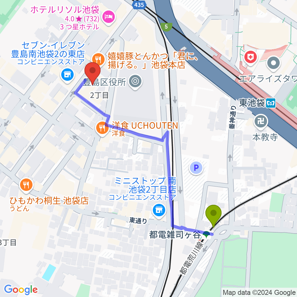 ウインズミュージックスクールの最寄駅都電雑司ヶ谷駅からの徒歩ルート（約5分）地図