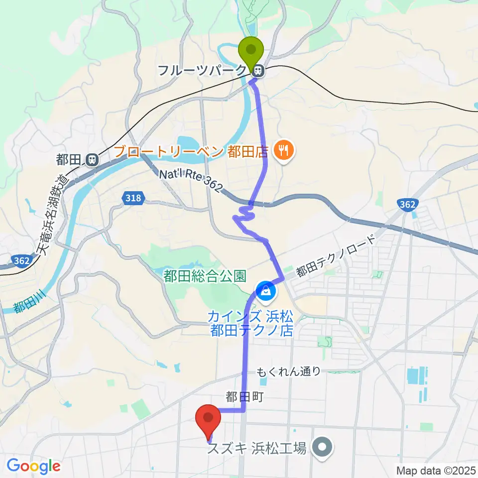 フルーツパーク駅からヴォイテックへのルートマップ地図