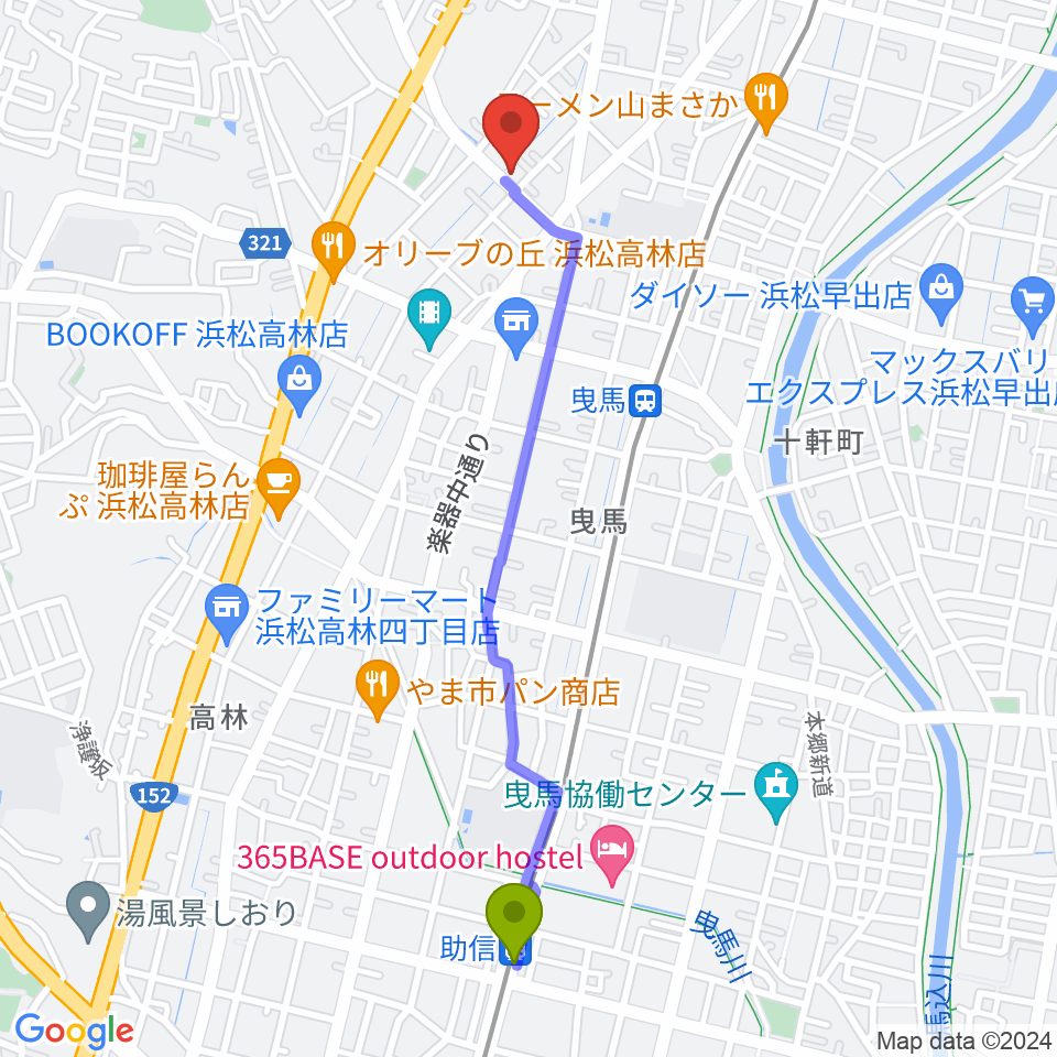 助信駅からハーモニカの昭和楽器製造へのルートマップ地図