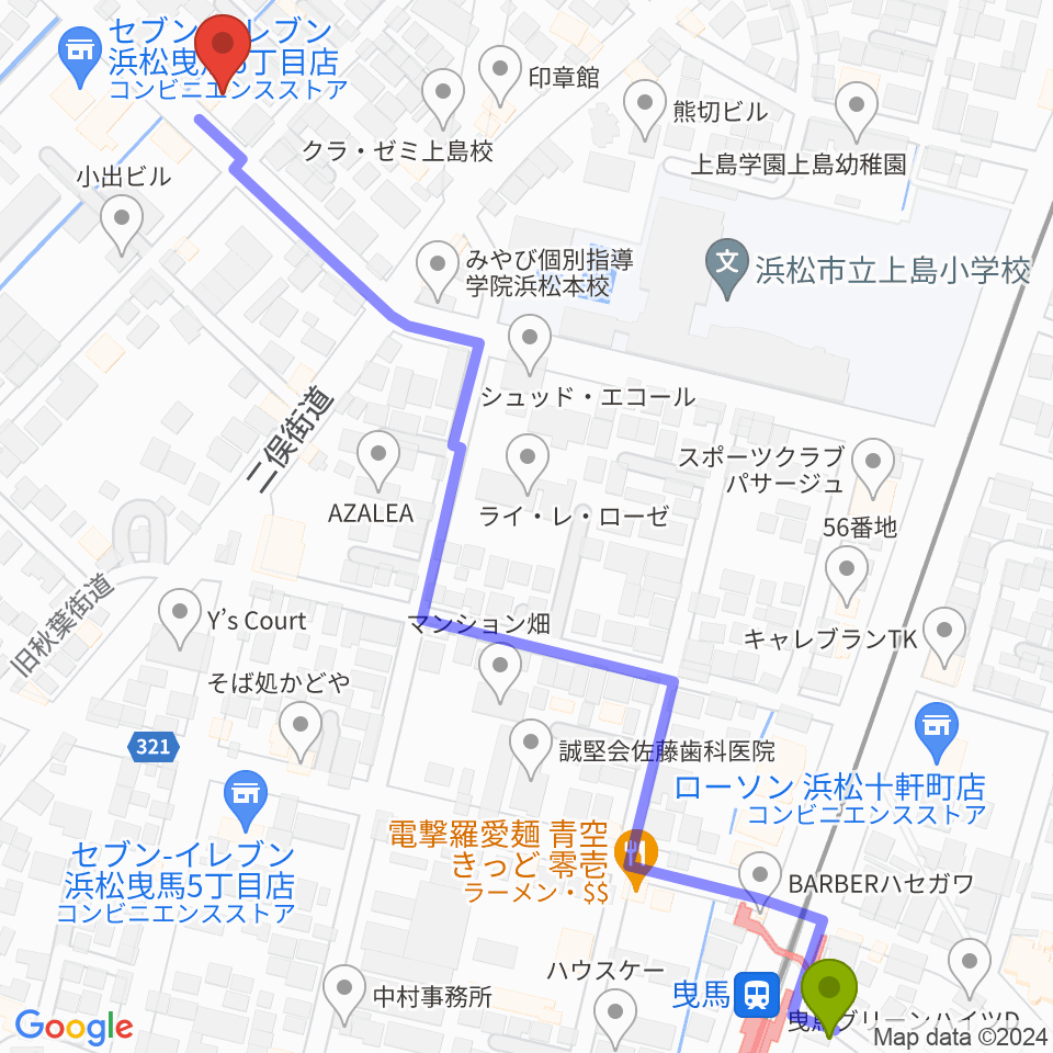 ハーモニカの昭和楽器製造の最寄駅曳馬駅からの徒歩ルート（約8分）地図