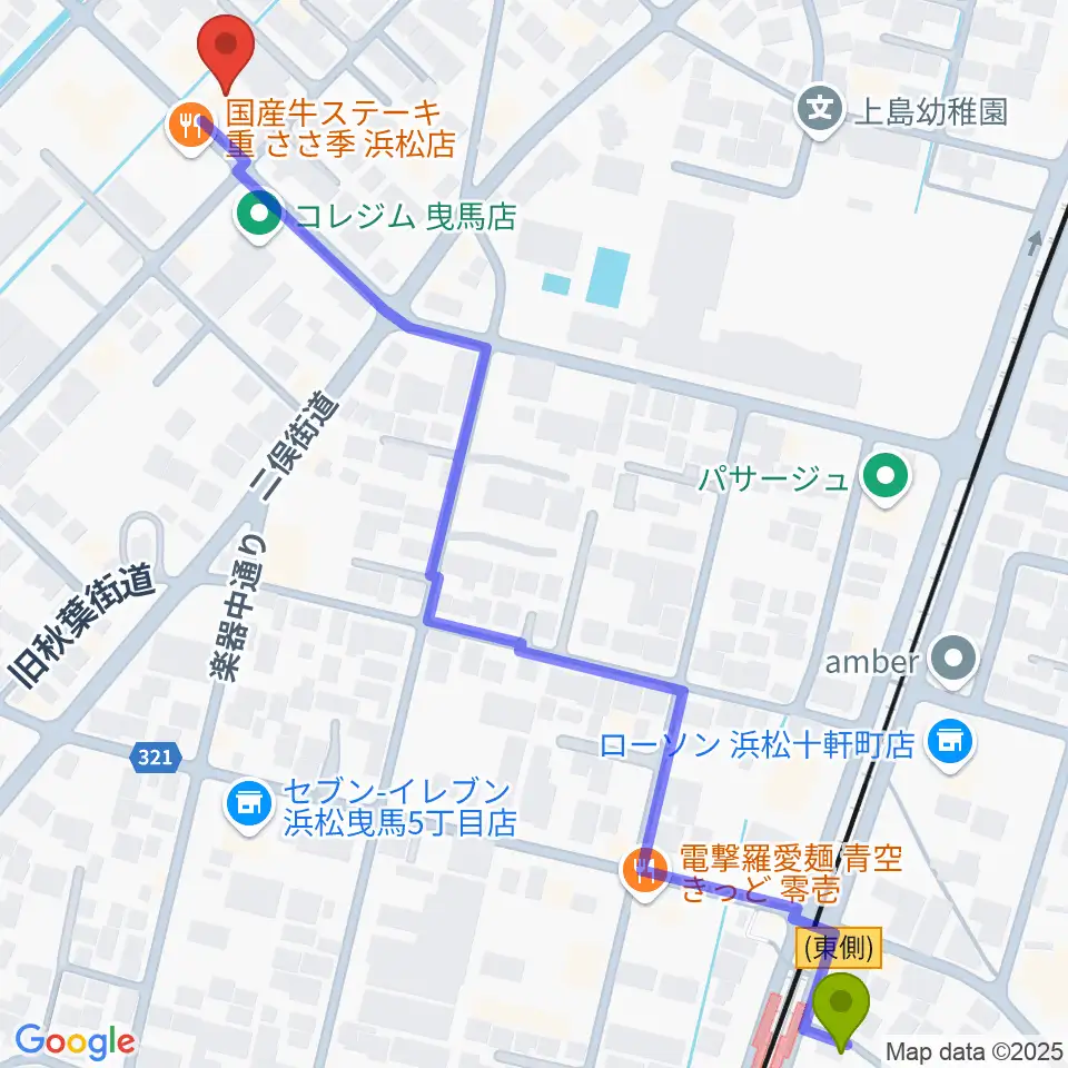 ハーモニカの昭和楽器製造の最寄駅曳馬駅からの徒歩ルート（約8分）地図