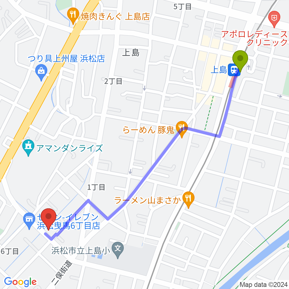 上島駅からハーモニカの昭和楽器製造へのルートマップ地図