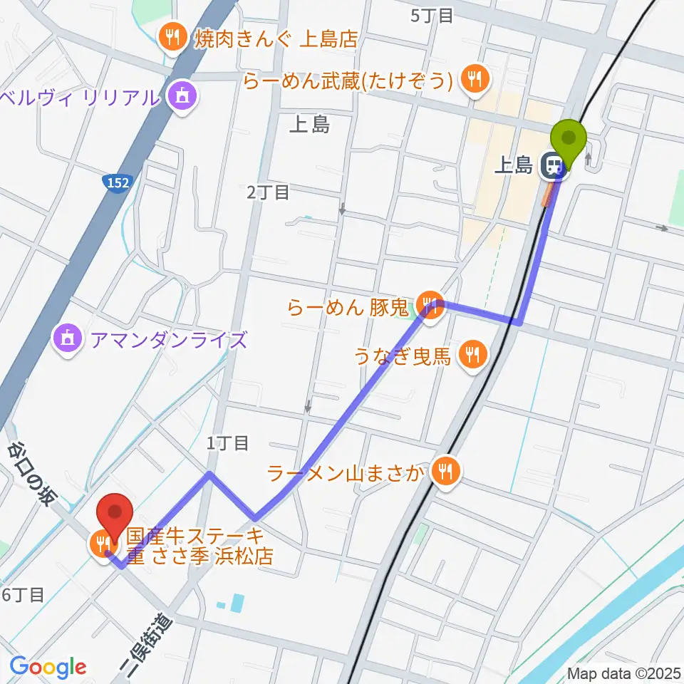 上島駅からハーモニカの昭和楽器製造へのルートマップ地図