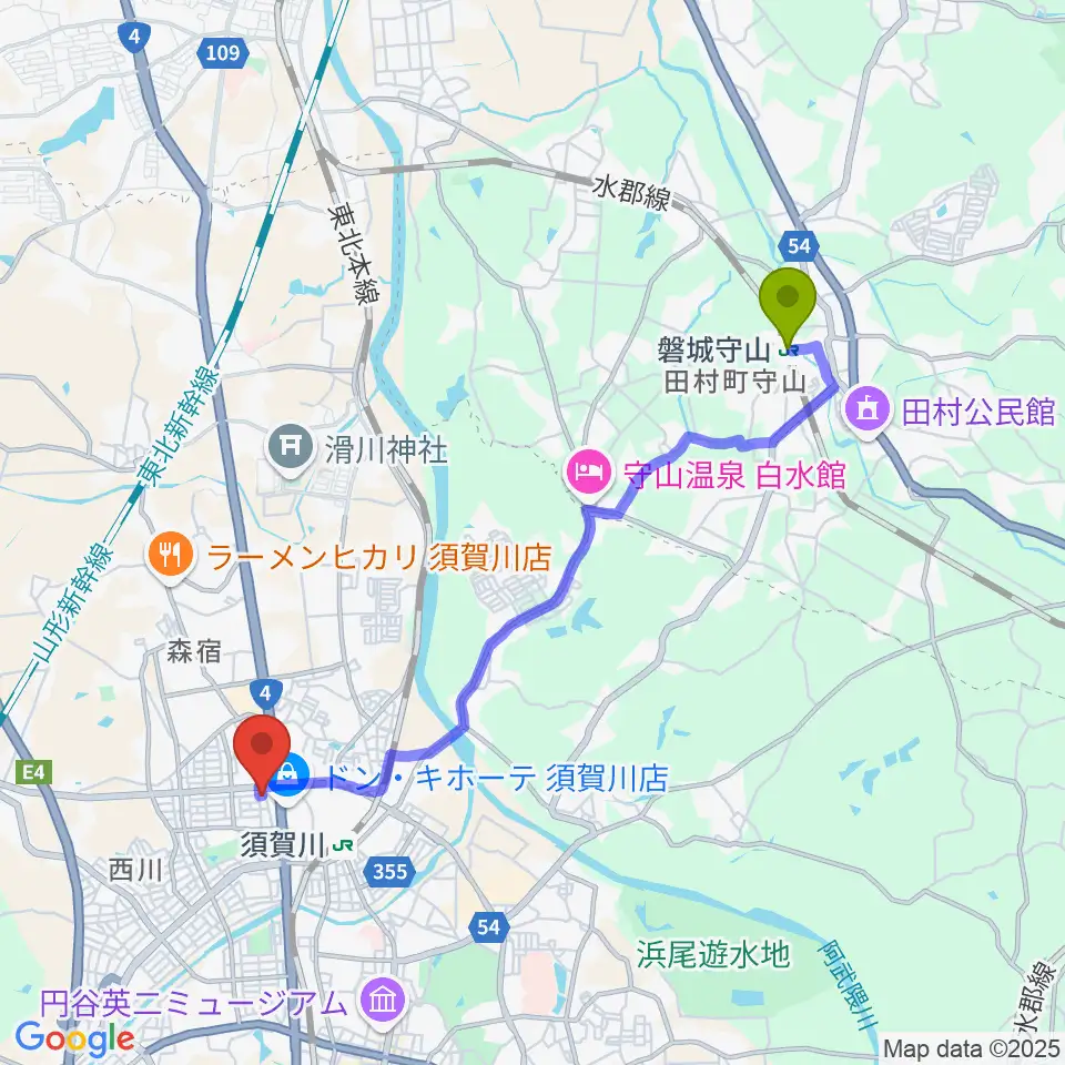 磐城守山駅から須賀川西教室 ヤマハミュージックへのルートマップ地図