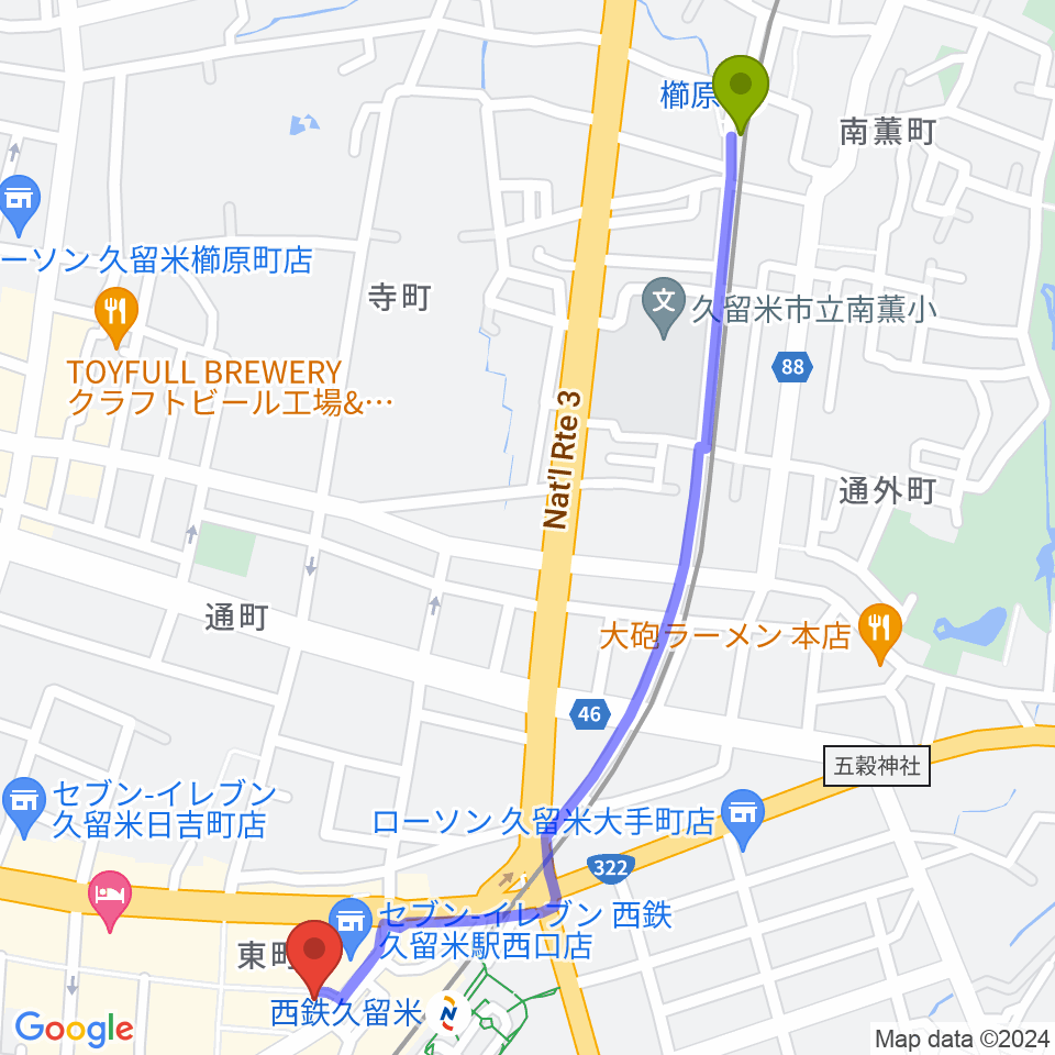 櫛原駅からFUNKY DOGへのルートマップ地図
