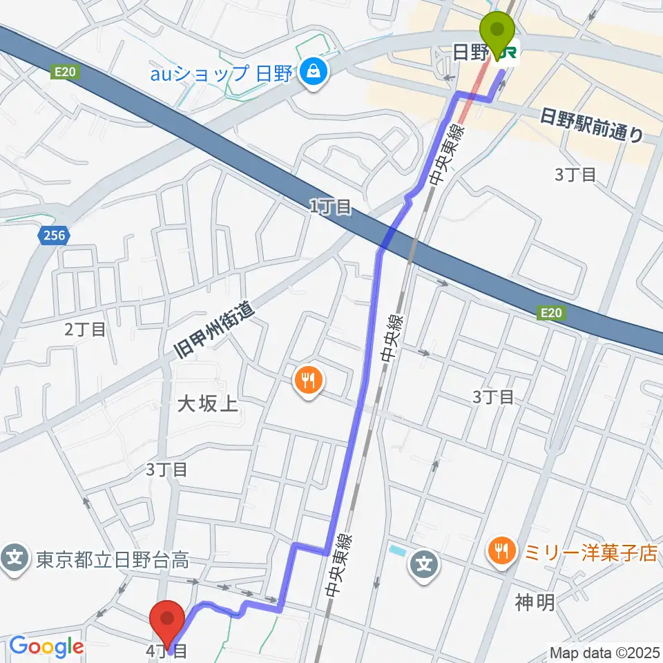 日野音楽教室BRIOの最寄駅日野駅からの徒歩ルート（約16分）地図