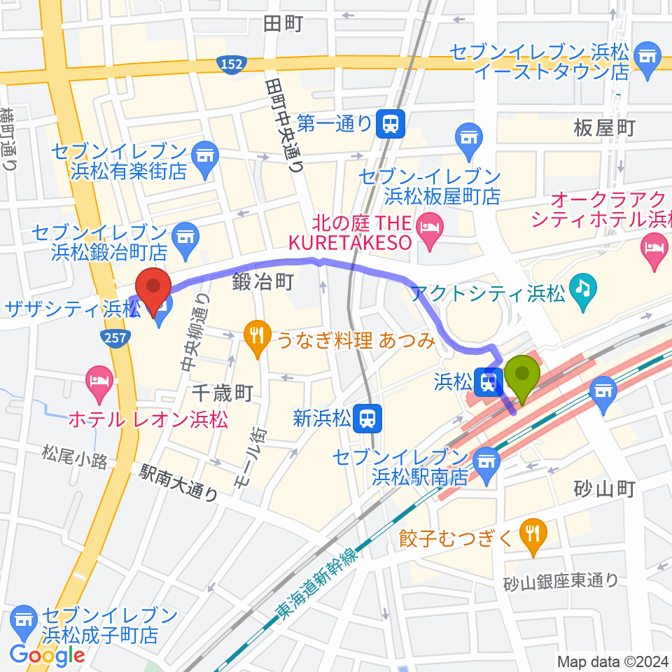 浜松駅からクエストミュージック浜松ザザシティ店へのルートマップ地図