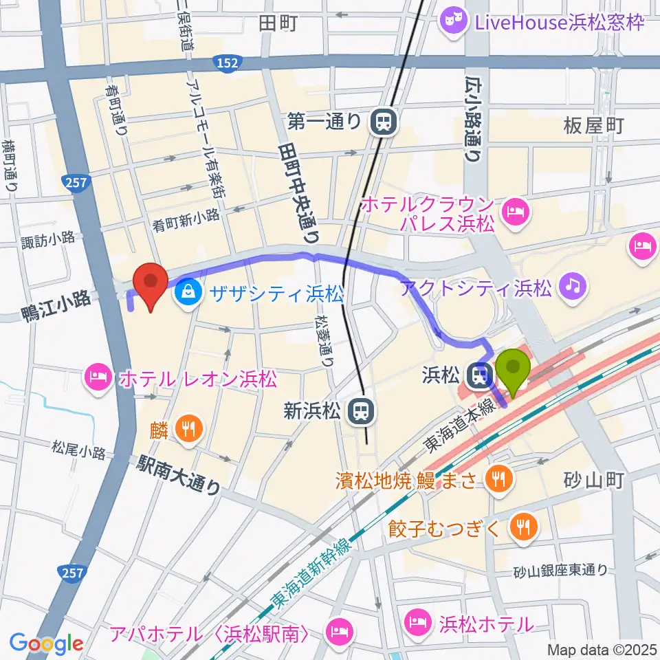 浜松駅からクエストミュージック浜松ザザシティ店へのルートマップ地図