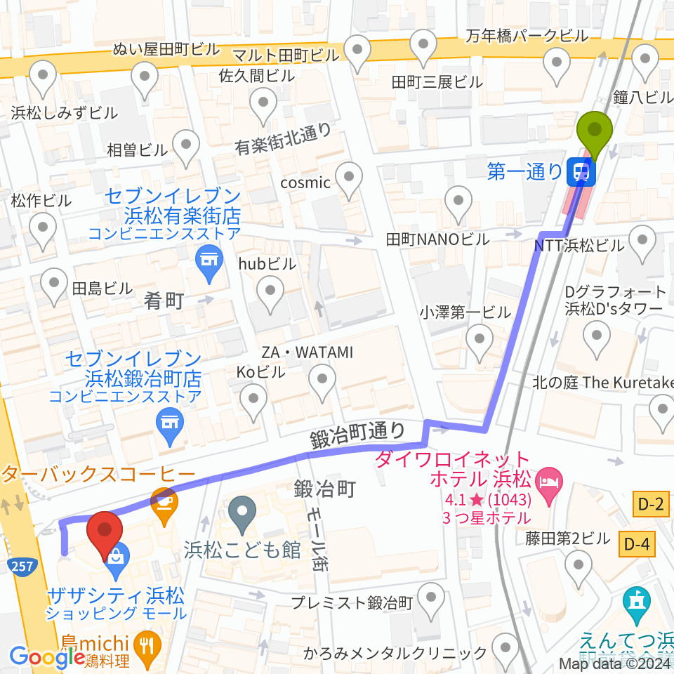 クエストミュージック浜松ザザシティ店の最寄駅第一通り駅からの徒歩ルート（約7分）地図