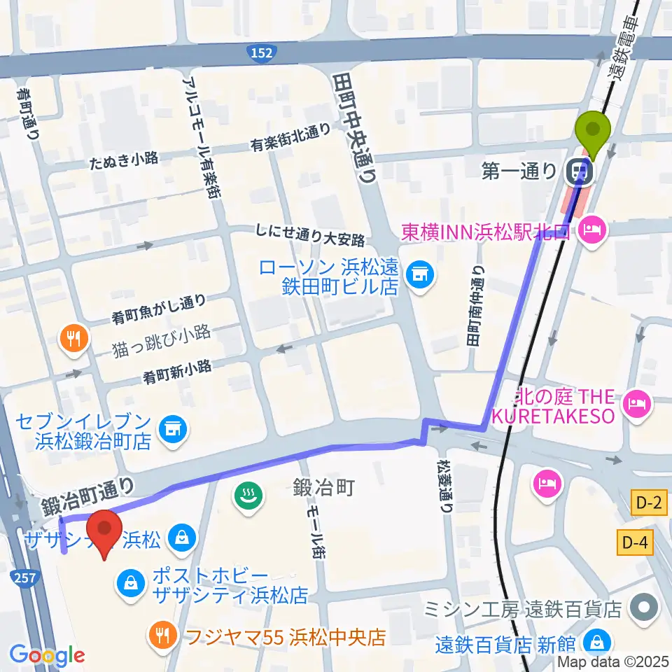 クエストミュージック浜松ザザシティ店の最寄駅第一通り駅からの徒歩ルート（約7分）地図
