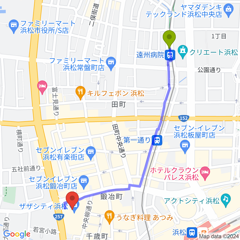 遠州病院駅からクエストミュージック浜松ザザシティ店へのルートマップ地図