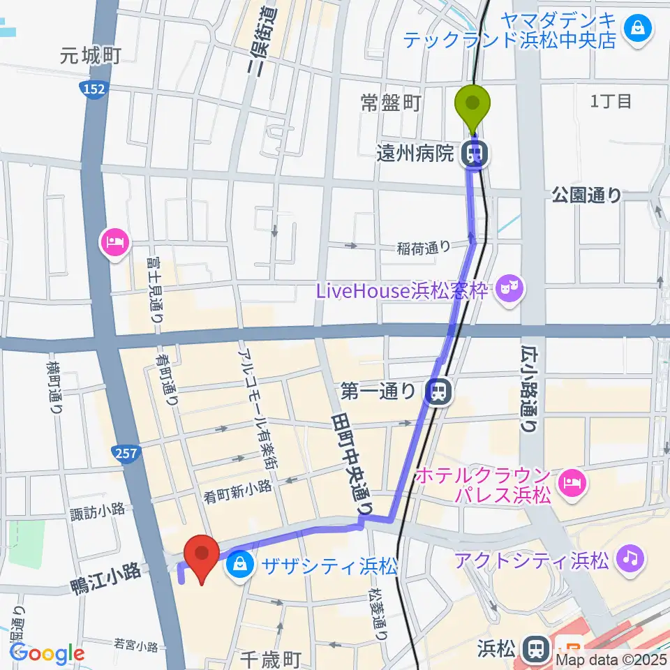 遠州病院駅からクエストミュージック浜松ザザシティ店へのルートマップ地図