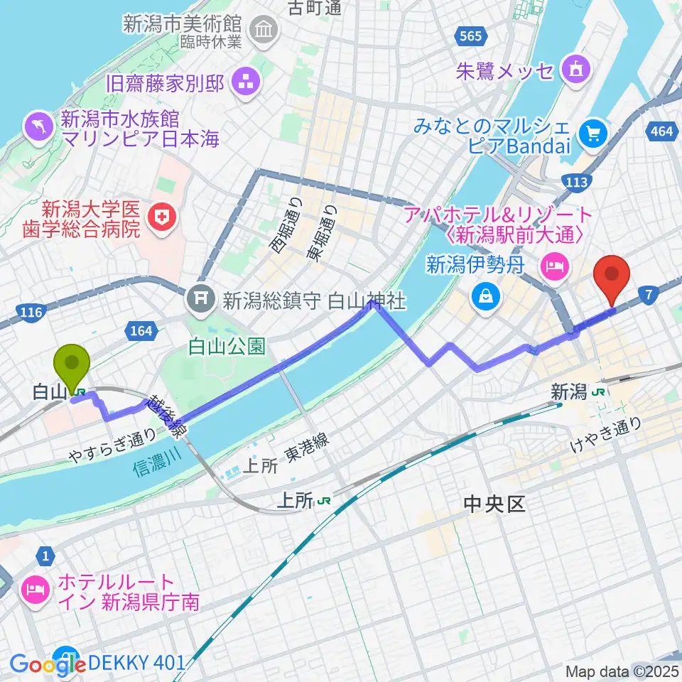 白山駅からヤマハミュージック 新潟店へのルートマップ地図