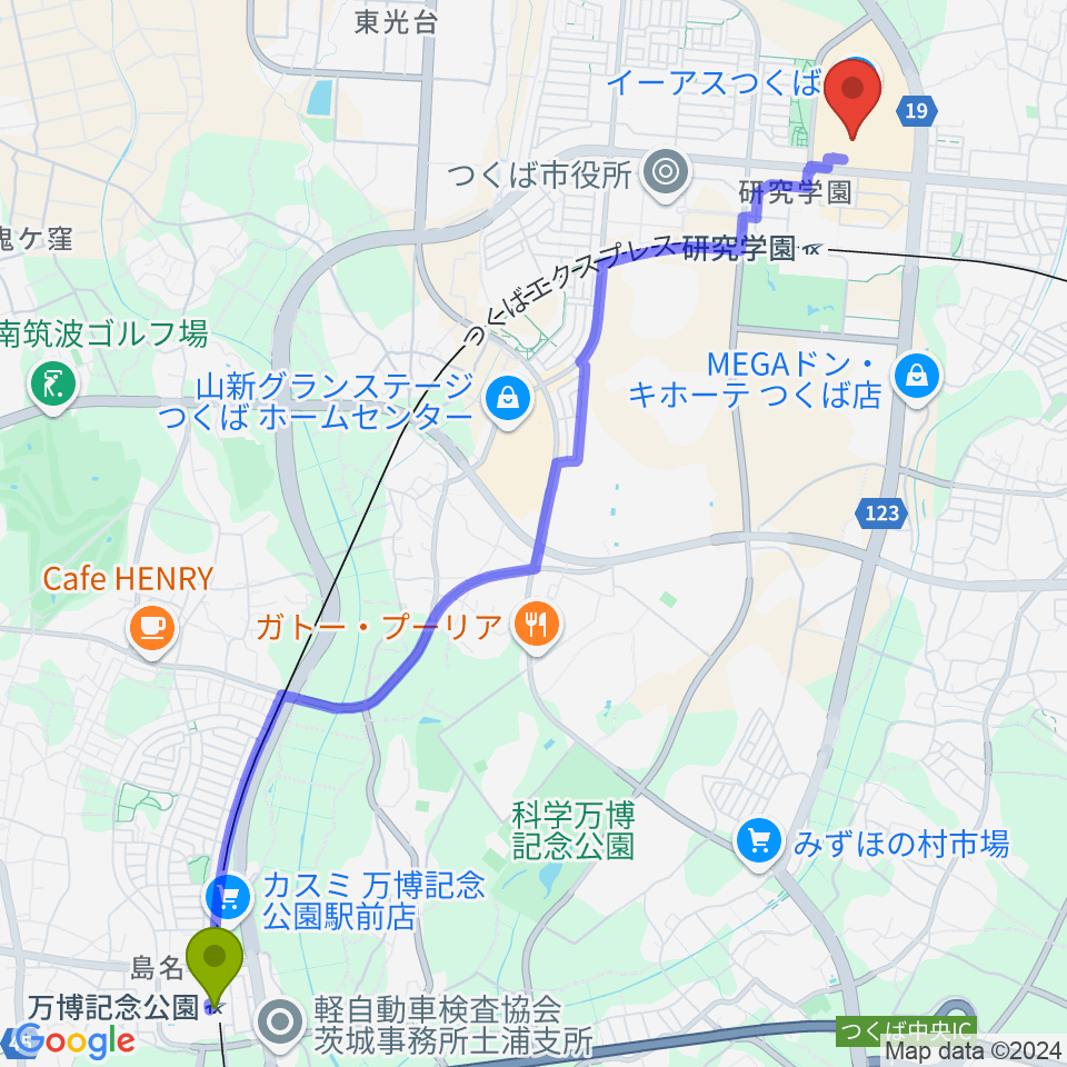 万博記念公園駅からヤマハミュージックスクエアつくばへのルートマップ Mdata