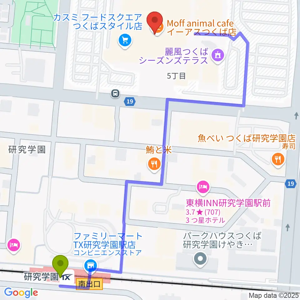ヤマハミュージックスクエアつくばの最寄駅研究学園駅からの徒歩ルート（約7分）地図