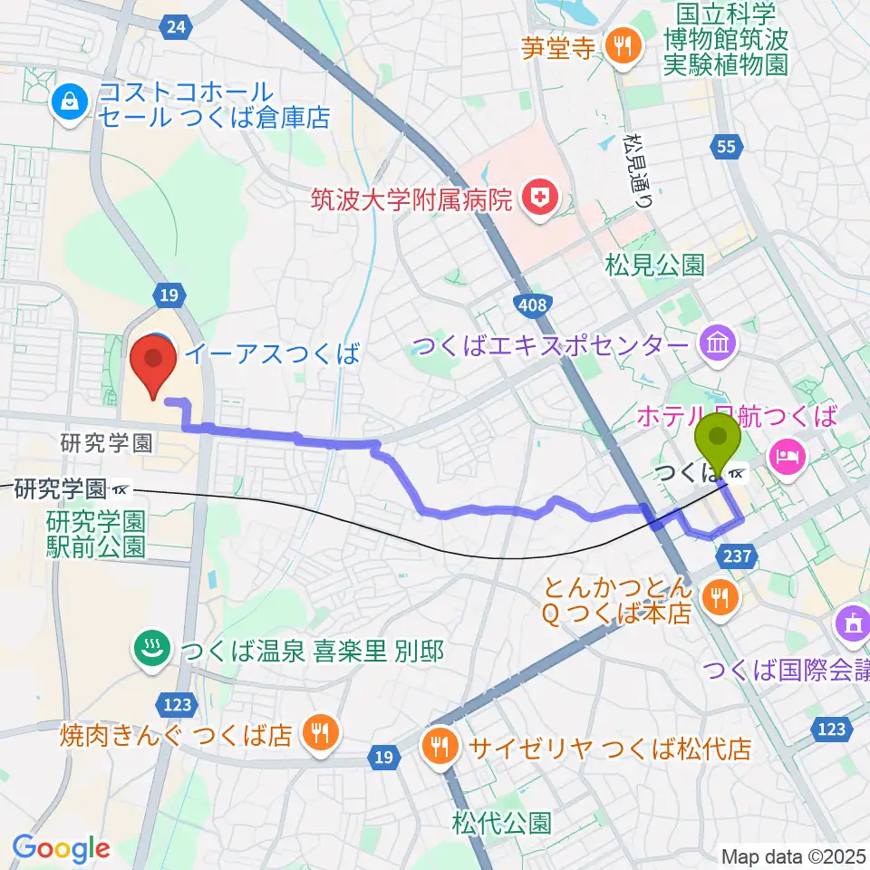 つくば駅からヤマハミュージックスクエアつくばへのルートマップ地図