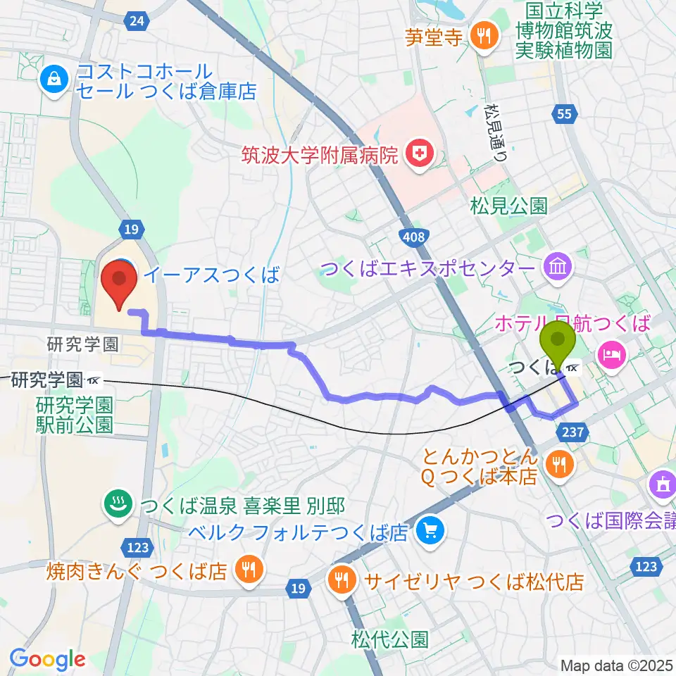 つくば駅からヤマハミュージックスクエアつくばへのルートマップ地図