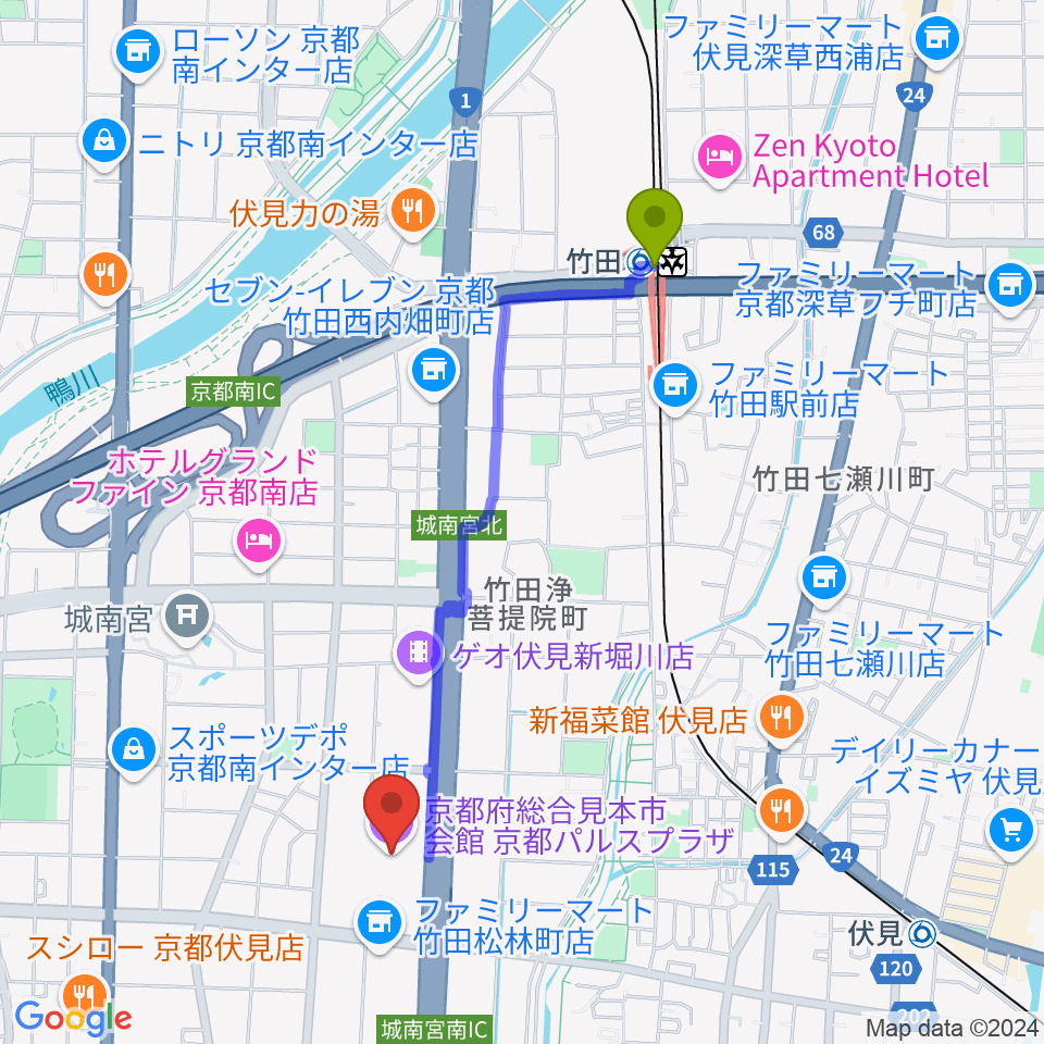 竹田駅から京都パルスプラザへのルートマップ地図