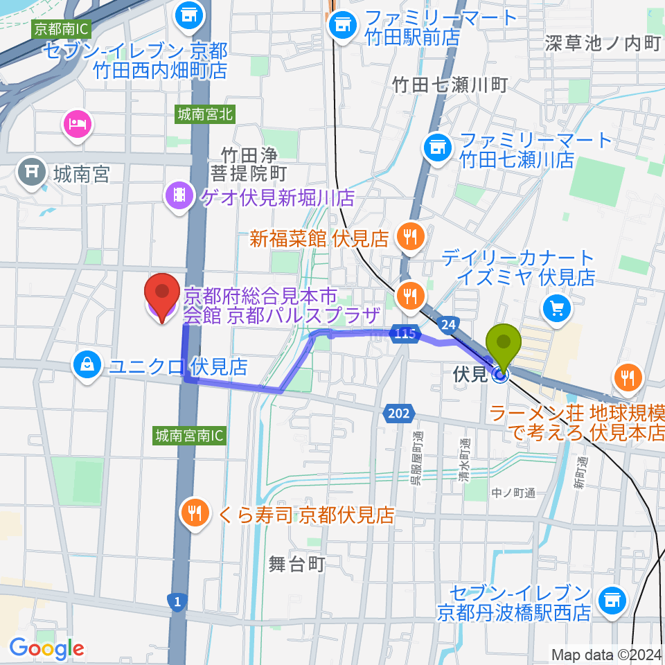 京都パルスプラザの最寄駅伏見駅からの徒歩ルート（約16分）地図