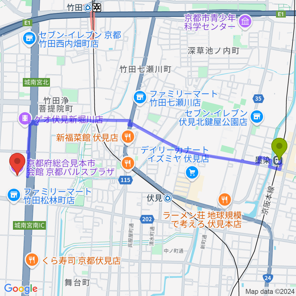 墨染駅から京都パルスプラザへのルートマップ地図