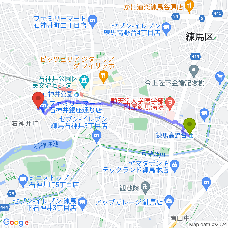 練馬高野台駅からドットスポットスタジオへのルートマップ地図