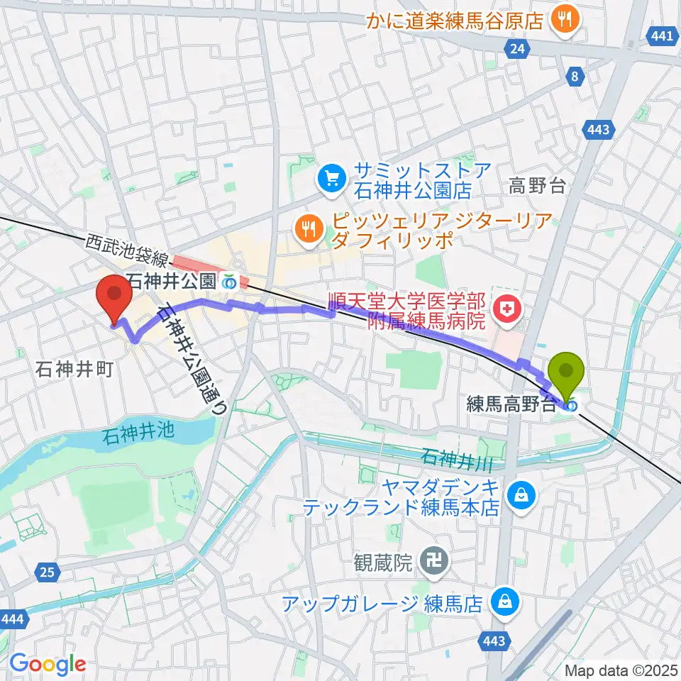 練馬高野台駅からドットスポットスタジオへのルートマップ地図