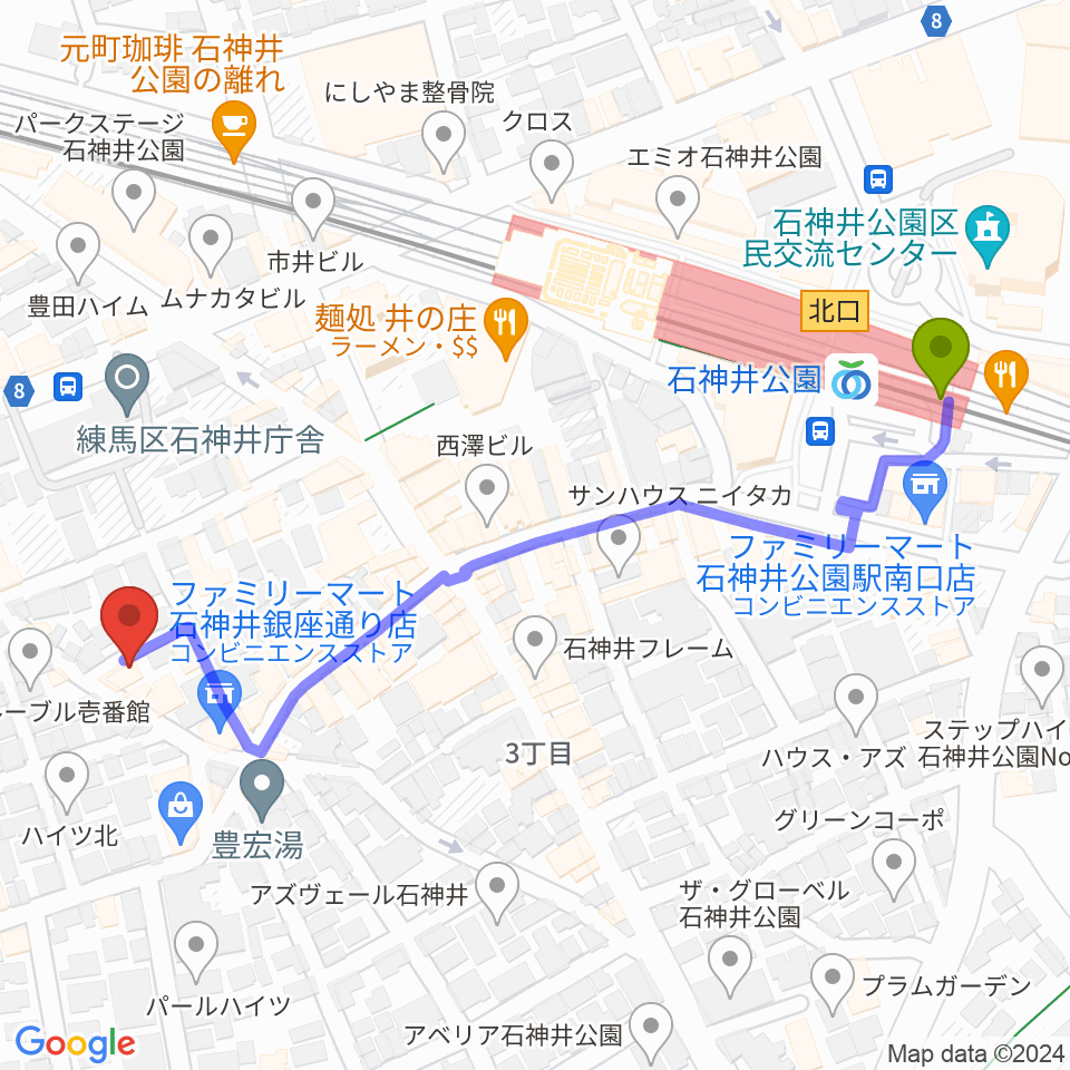 ドットスポットスタジオの最寄駅石神井公園駅からの徒歩ルート（約6分）地図