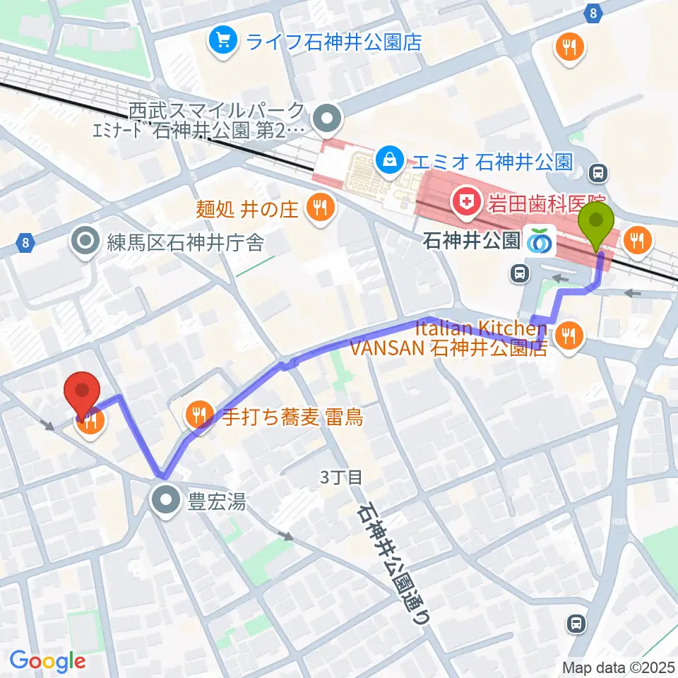 ドットスポットスタジオの最寄駅石神井公園駅からの徒歩ルート（約6分）地図